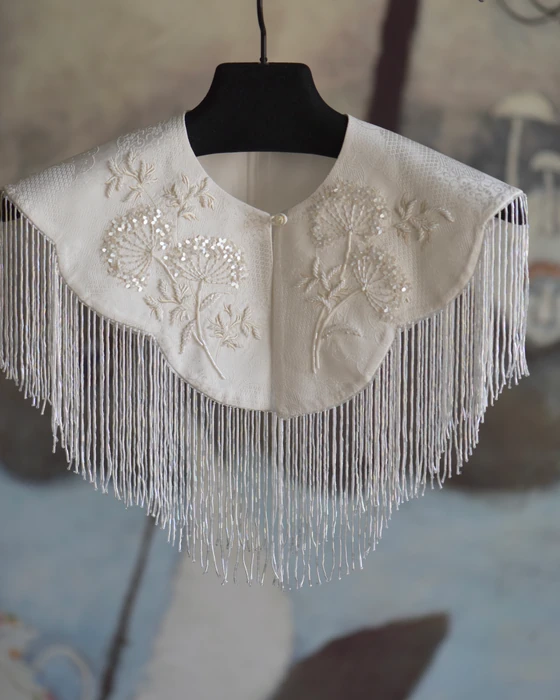 Ivory Floral Fringe Shoulder Piece — Front view