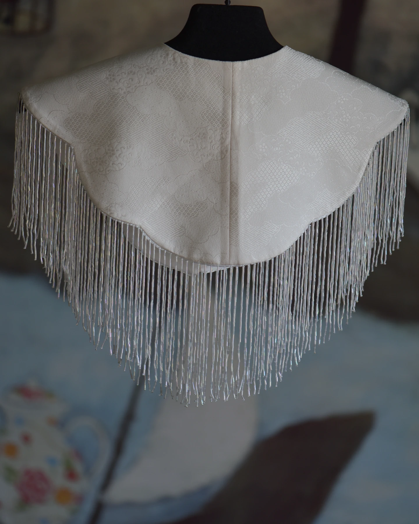 Ivory Floral Fringe Shoulder Piece — Back view