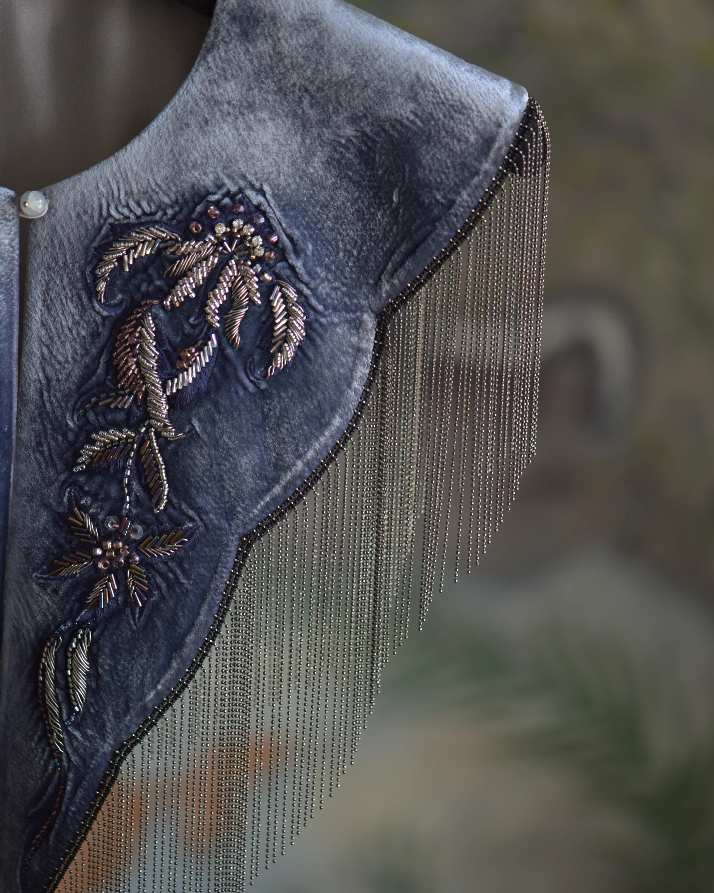 Grey Violet Fringe Shoulder Piece — Detail