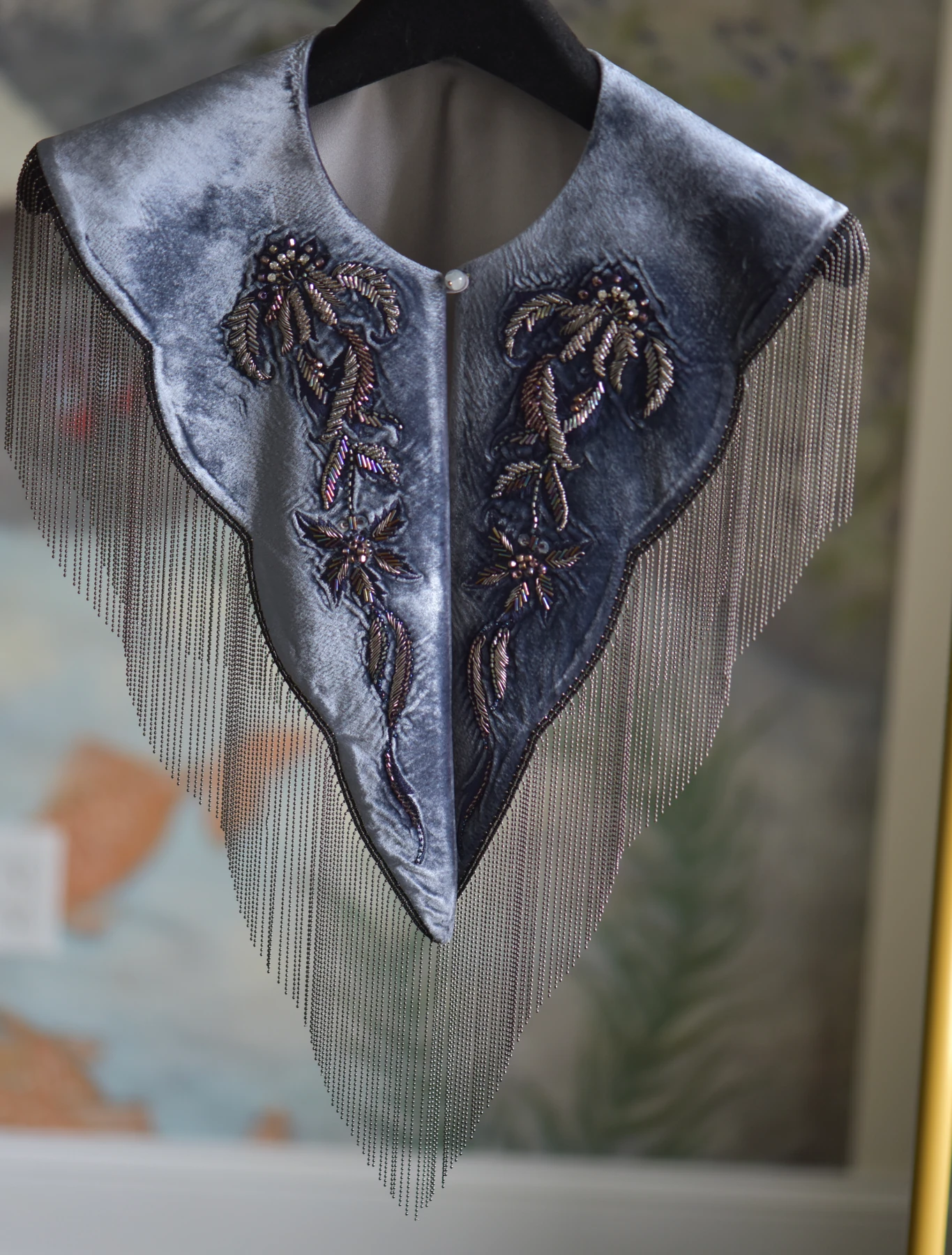 Grey Violet Fringe Shoulder Piece — Side view