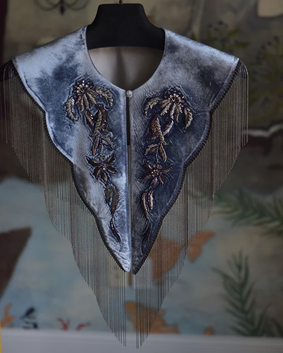 Grey Violet Fringe Shoulder Piece — Front view