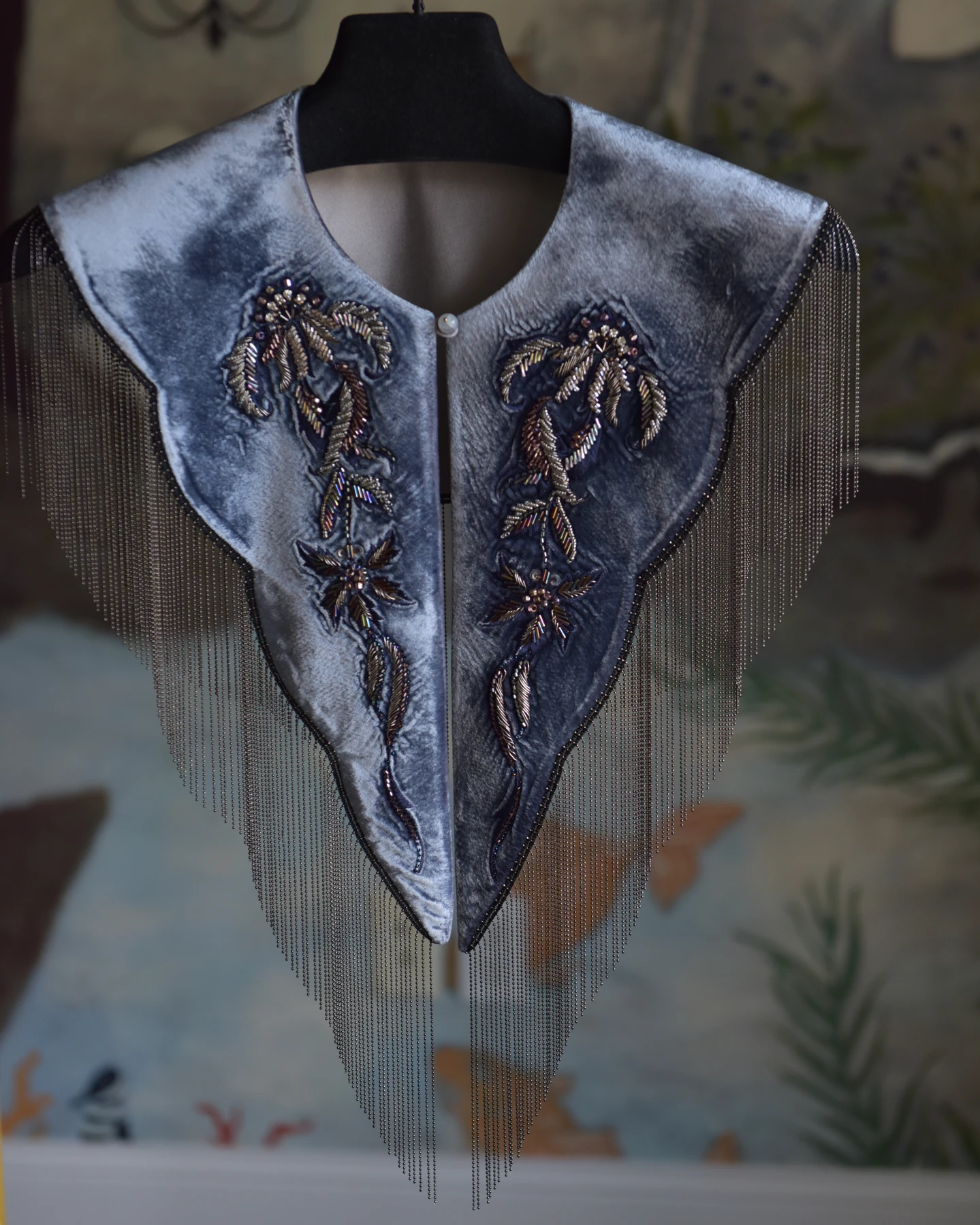 Grey Violet Fringe Shoulder Piece — Front view