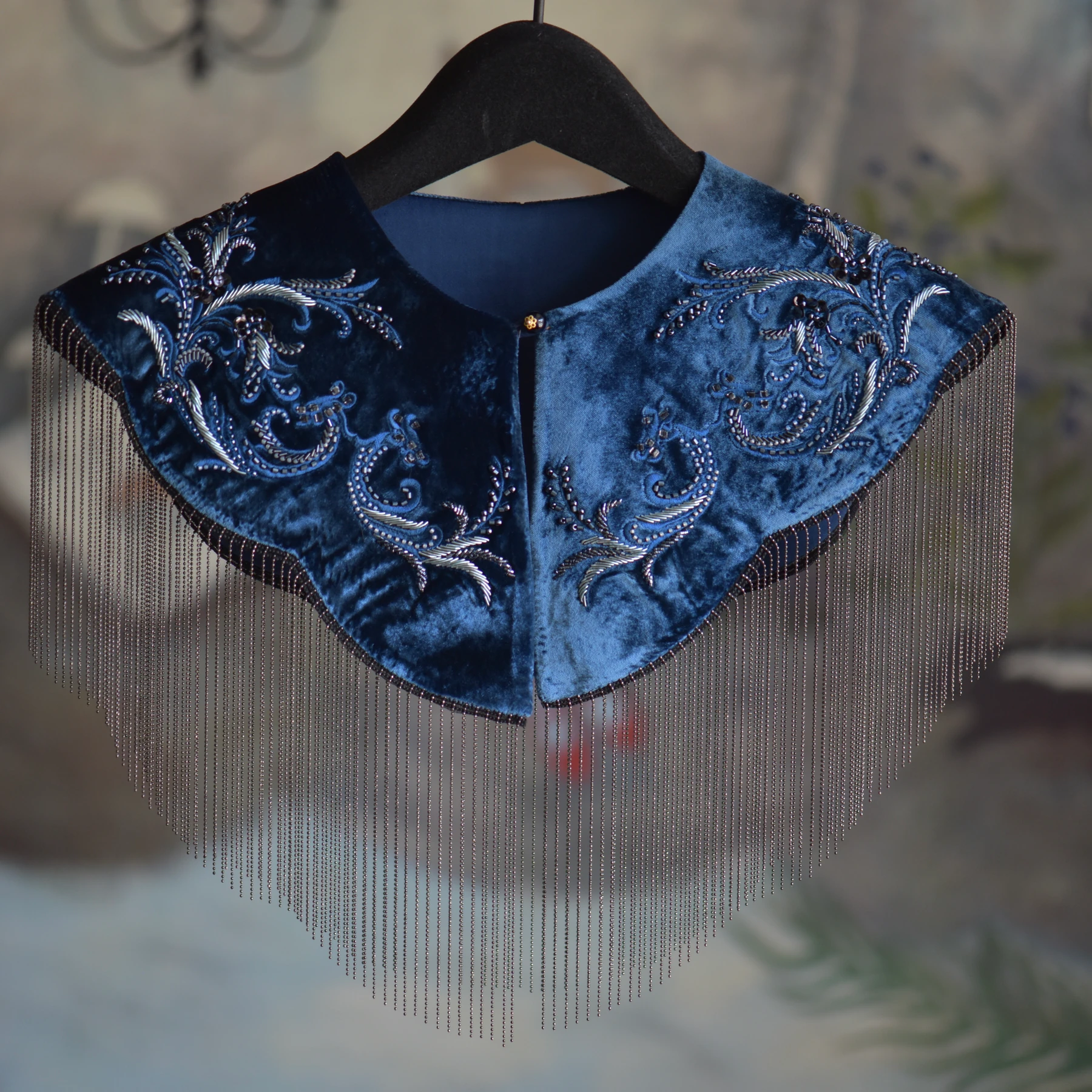 Blue Scroll Fringe Shoulder Piece — Front view