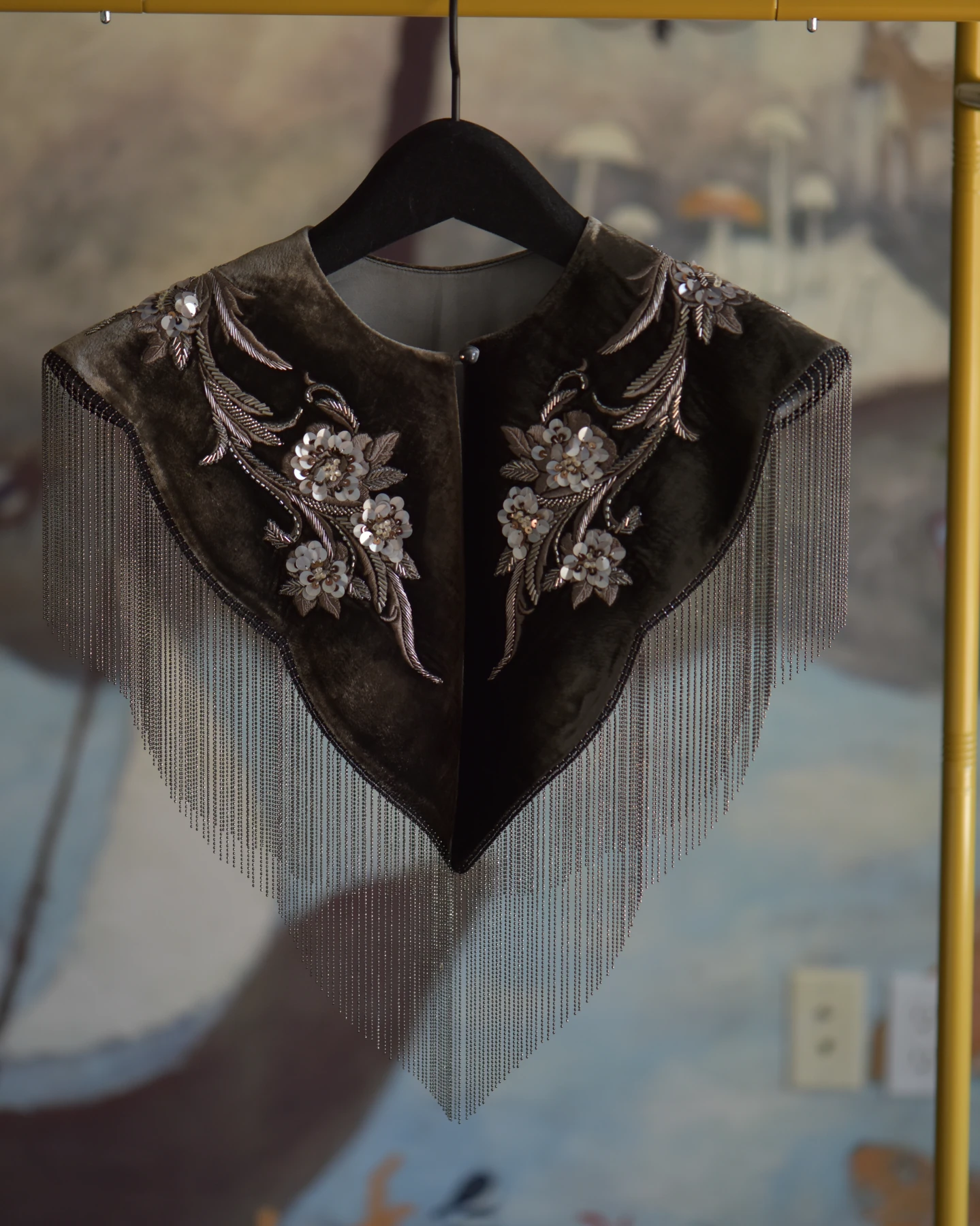 Dark Brown Floral Fringe Shoulder Piece — Front view