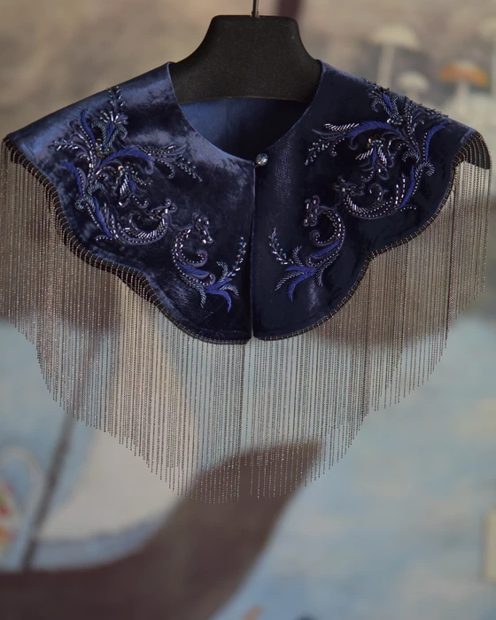Deep Blue Fringe Shoulder Piece — Front view