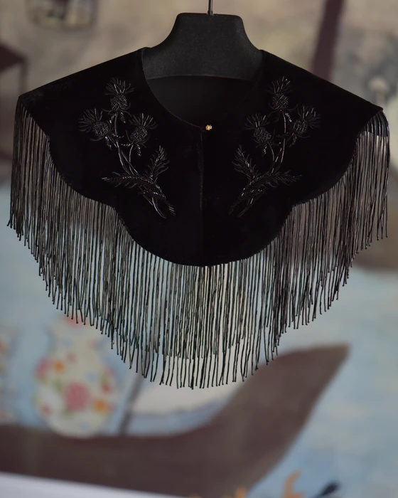 Dark Floral Fringe Shoulder Piece — Front view