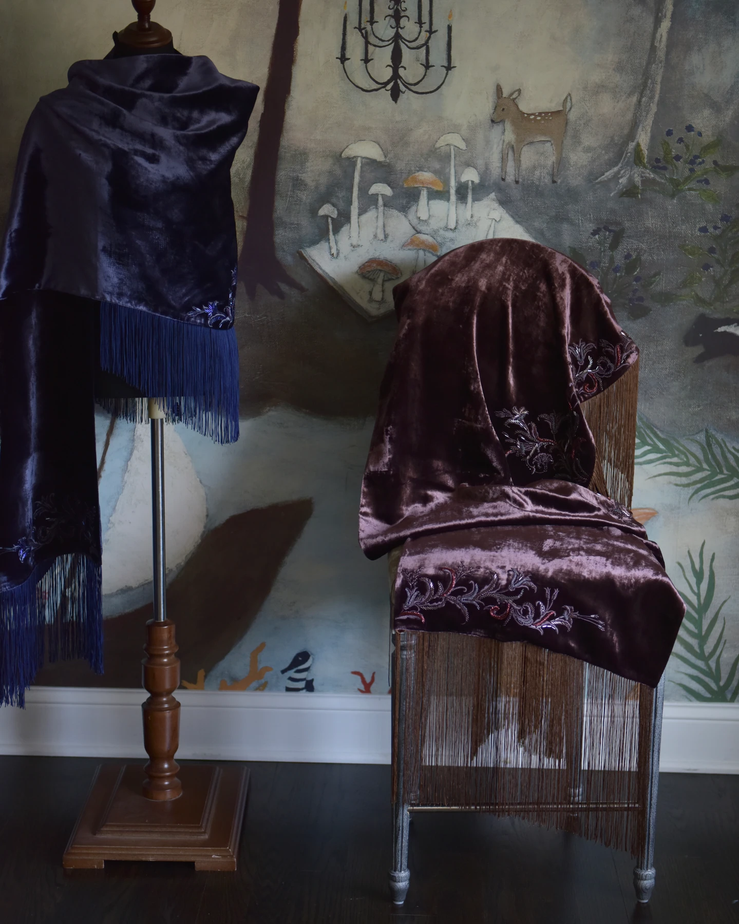 Plum Fringe Shawl — Two wraps shown together