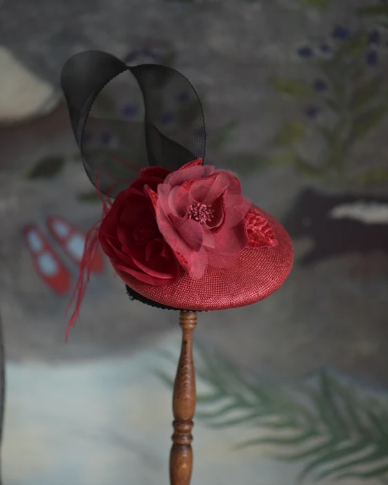 Red Floral Mesh Headpiece — Front view