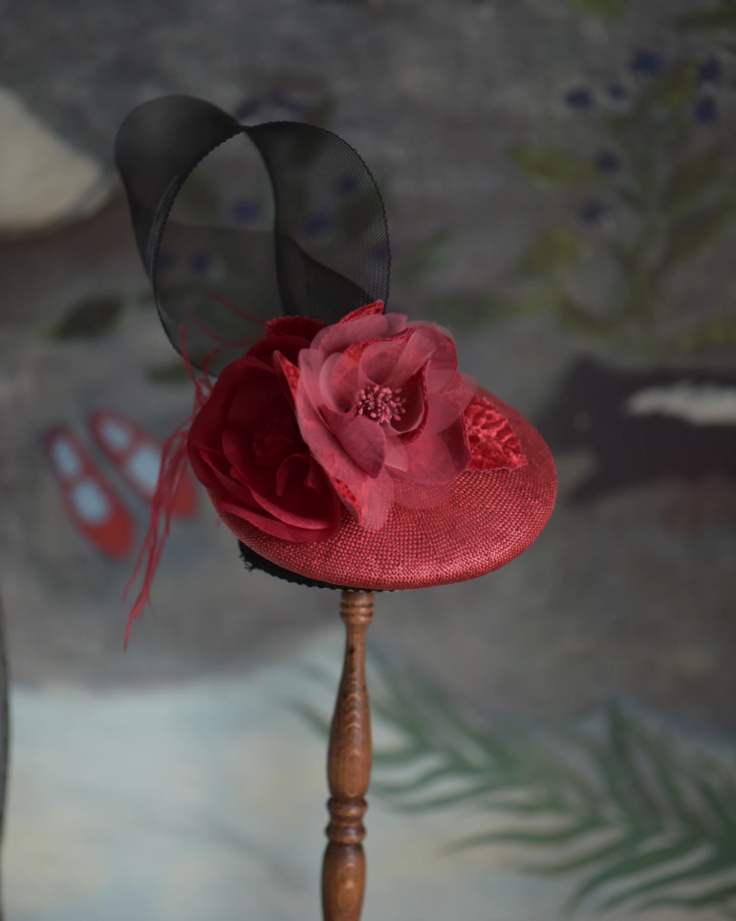Red Floral Mesh Headpiece — Front view