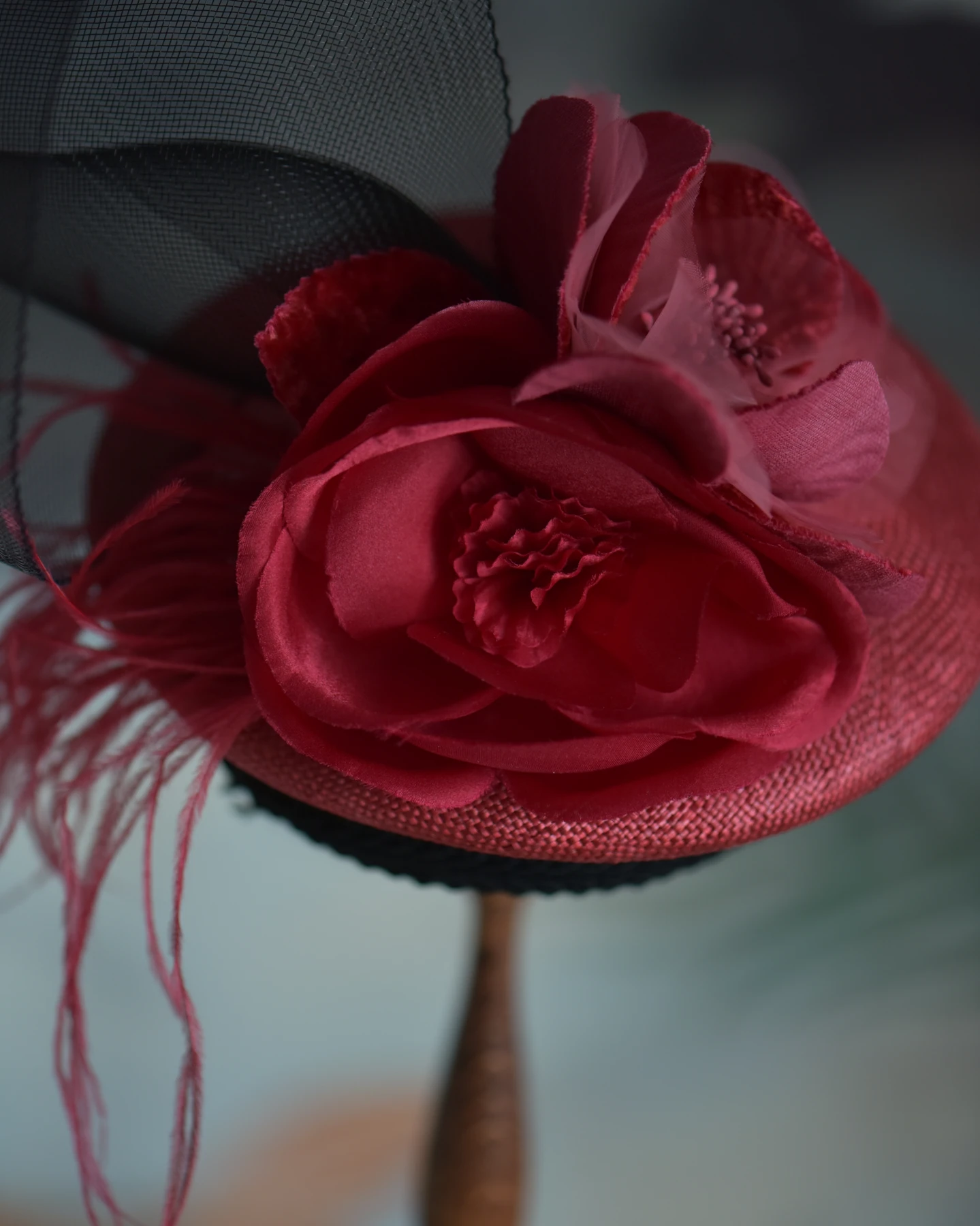 Red Floral Mesh Headpiece — Detail