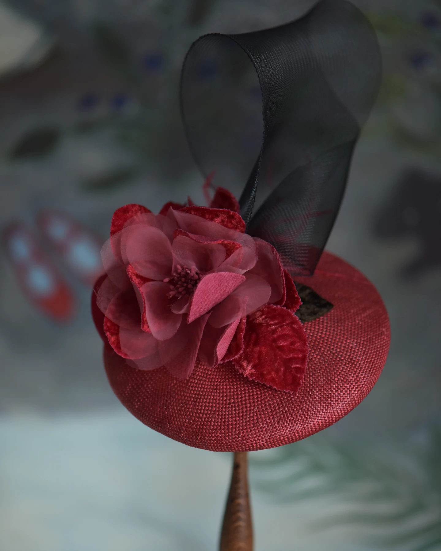 Red Floral Mesh Headpiece — Side view