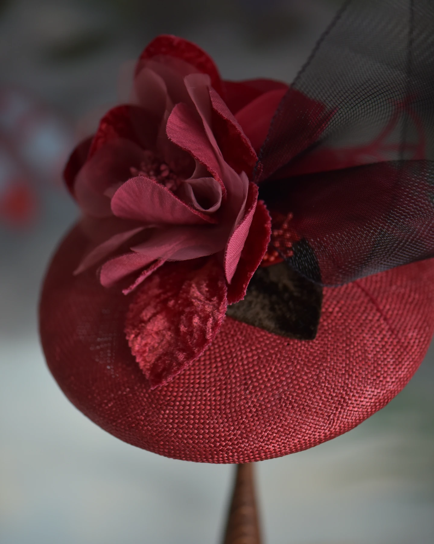 Red Floral Mesh Headpiece — Detail