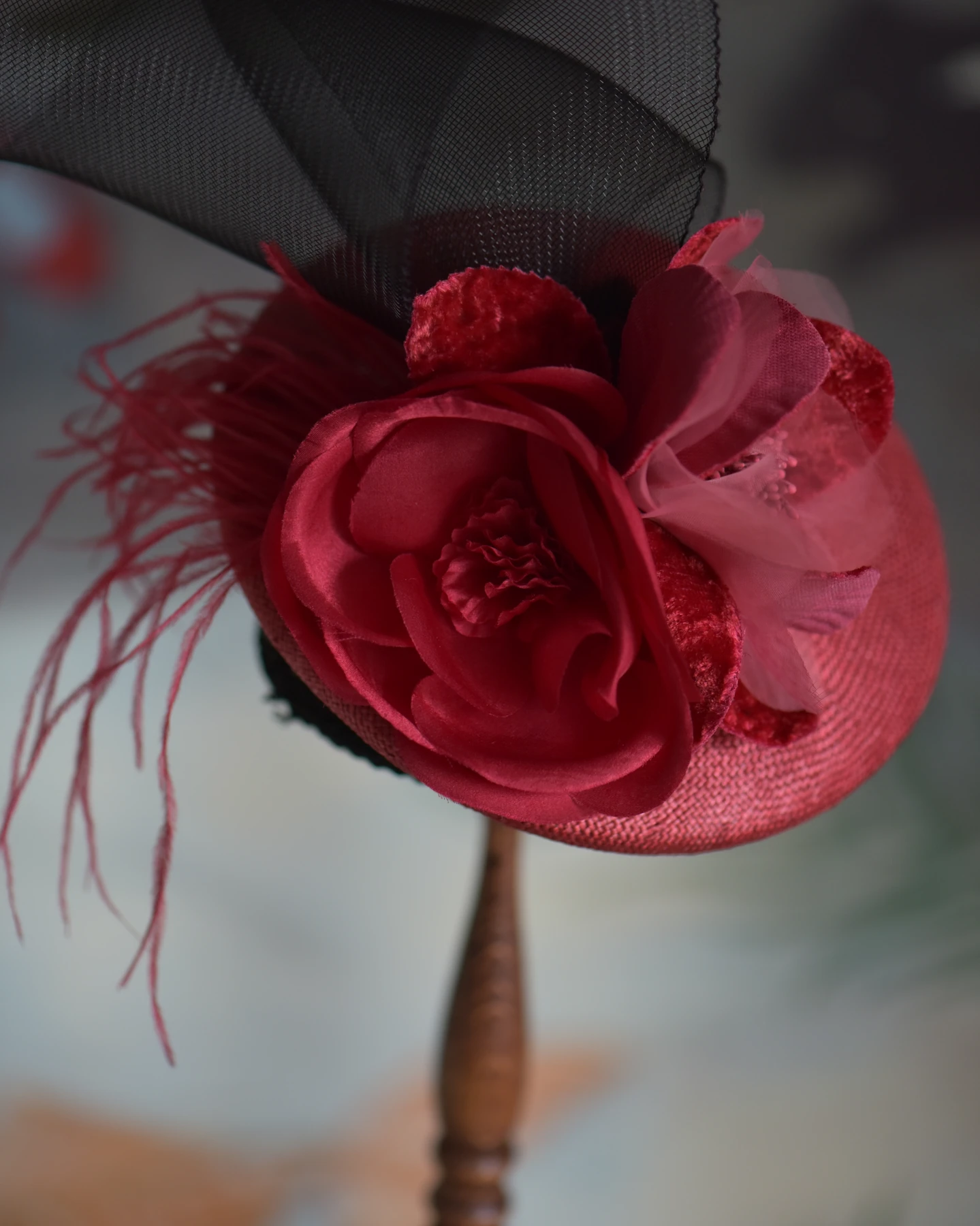 Red Floral Mesh Headpiece — Detail