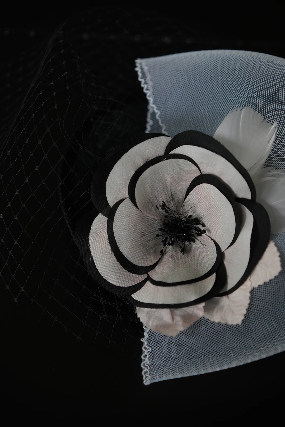 Ivory & Black Floral Veil Headpiece — Detail