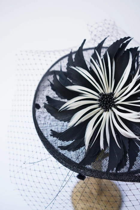 Black & White Feather Veil Headpiece — Front view