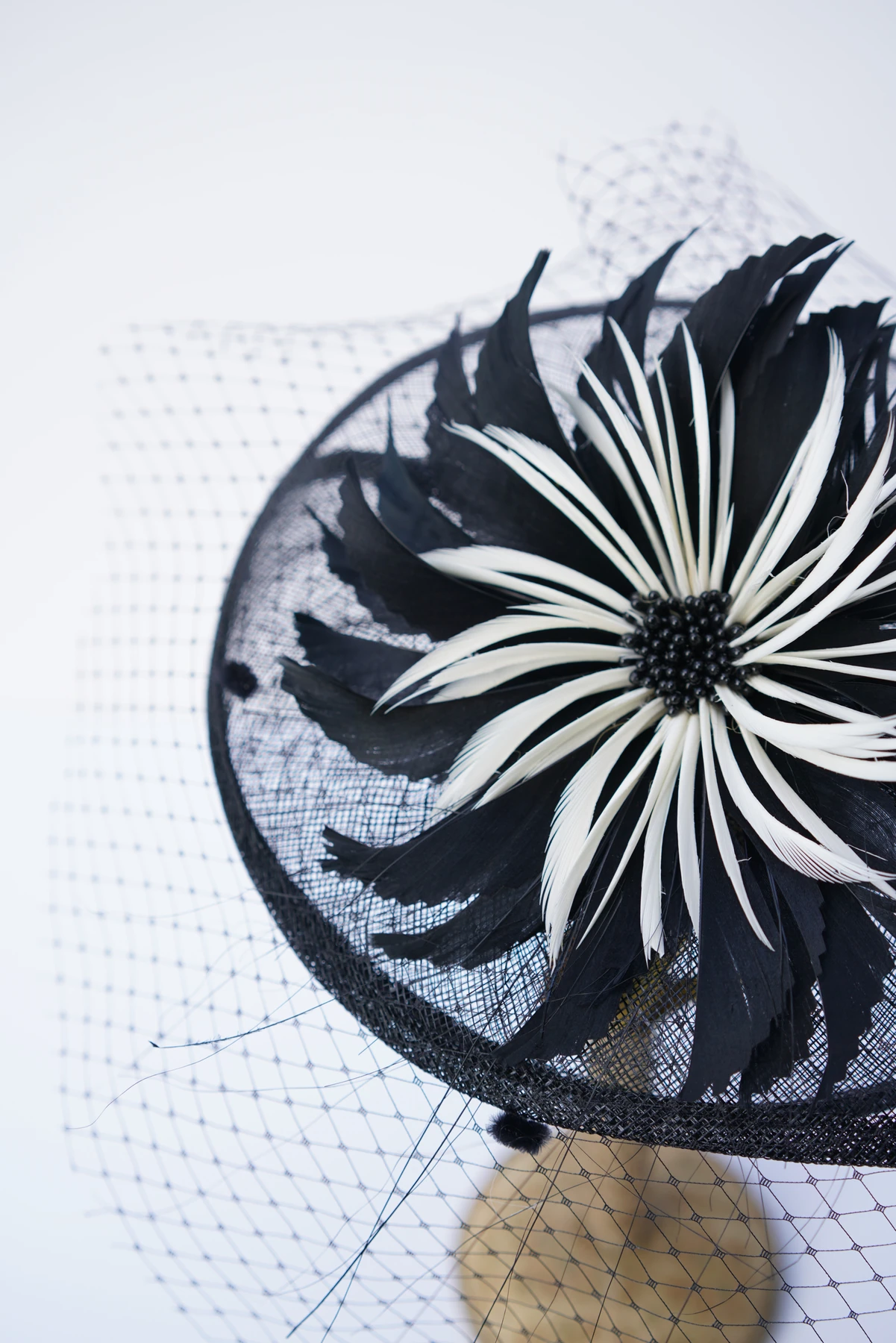 Black & White Feather Veil Headpiece — Front view