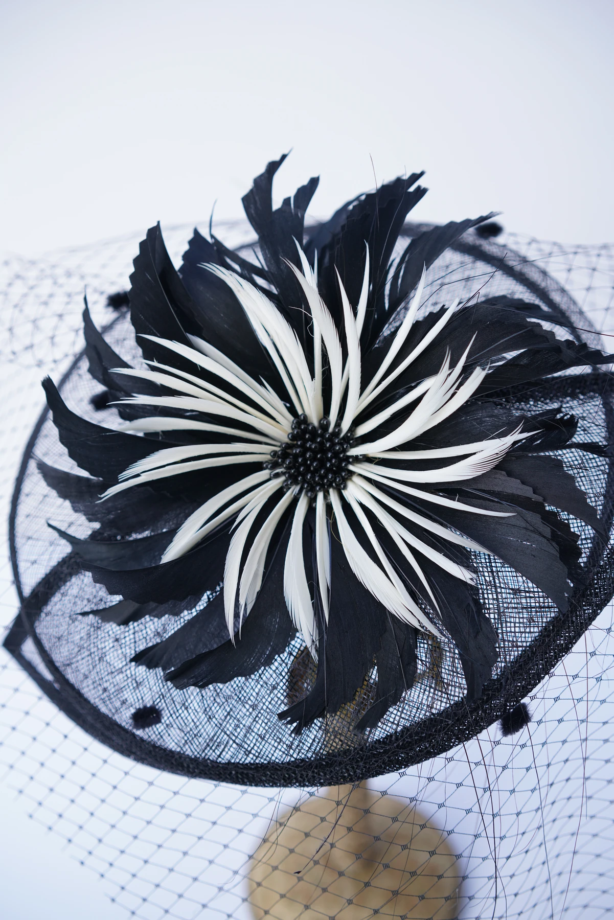 Black & White Feather Veil Headpiece — Detail