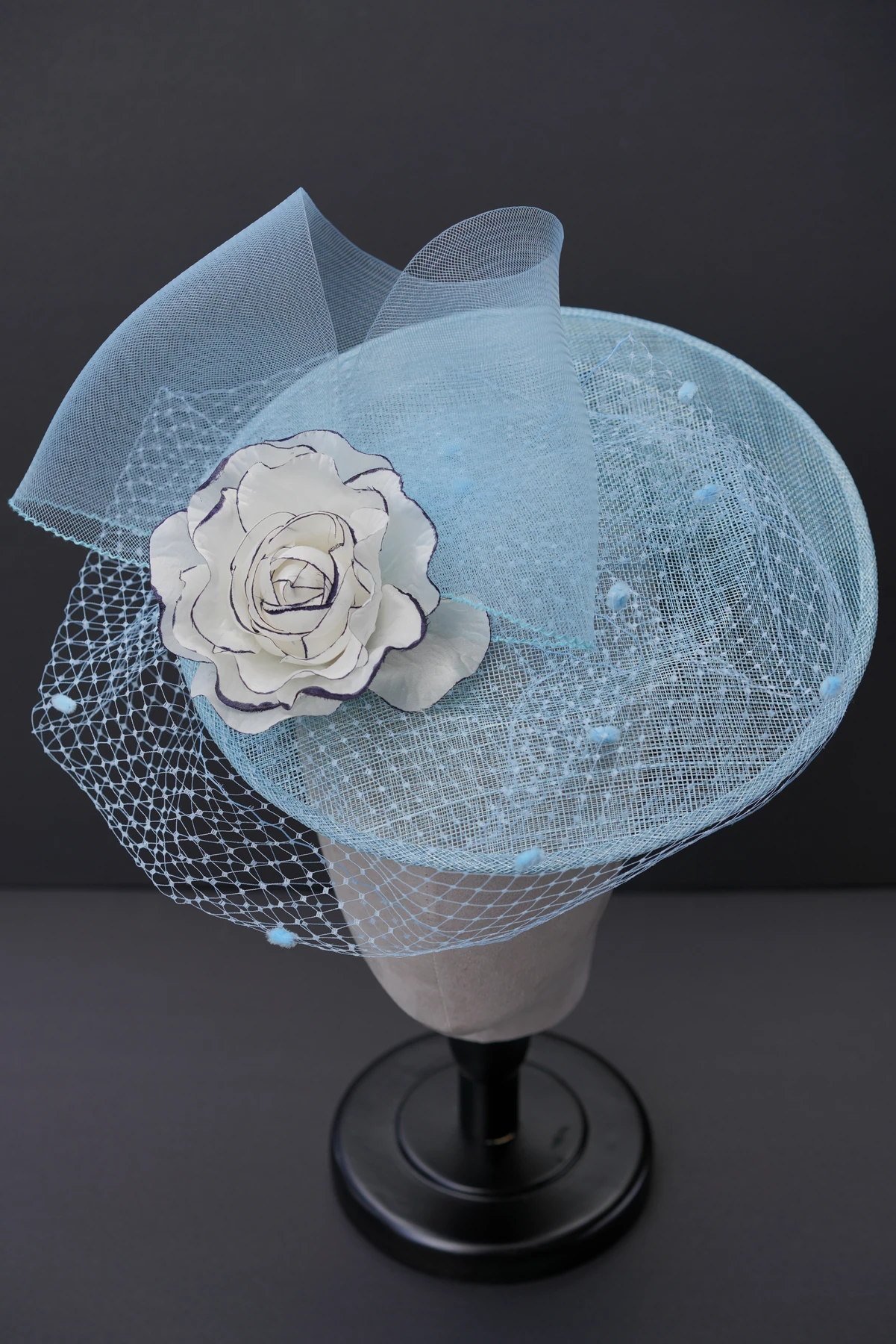 Powder Blue Rose Veil Headpiece — Front view