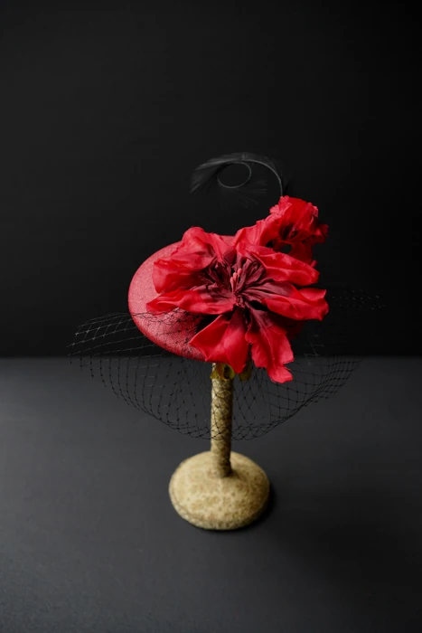 Crimson Floral Veil Headpiece — Front view
