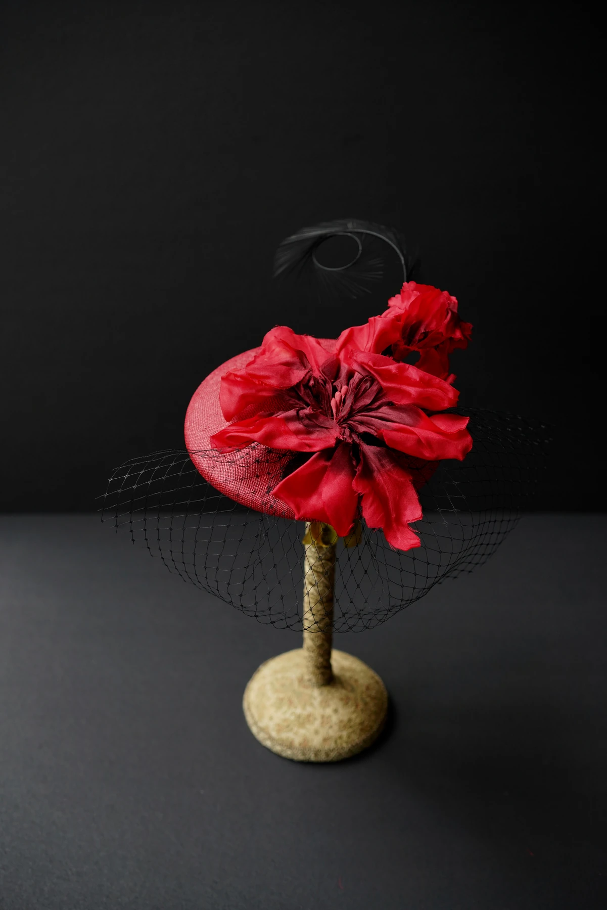 Crimson Floral Veil Headpiece — Front view