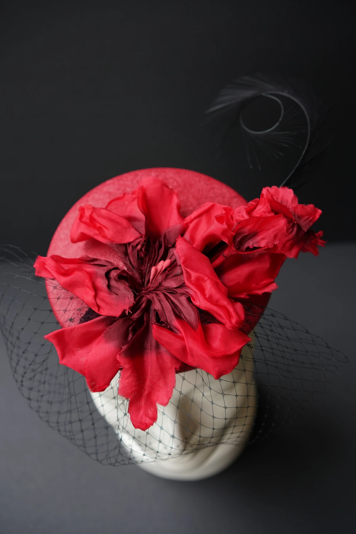 Crimson Floral Veil Headpiece — Side view