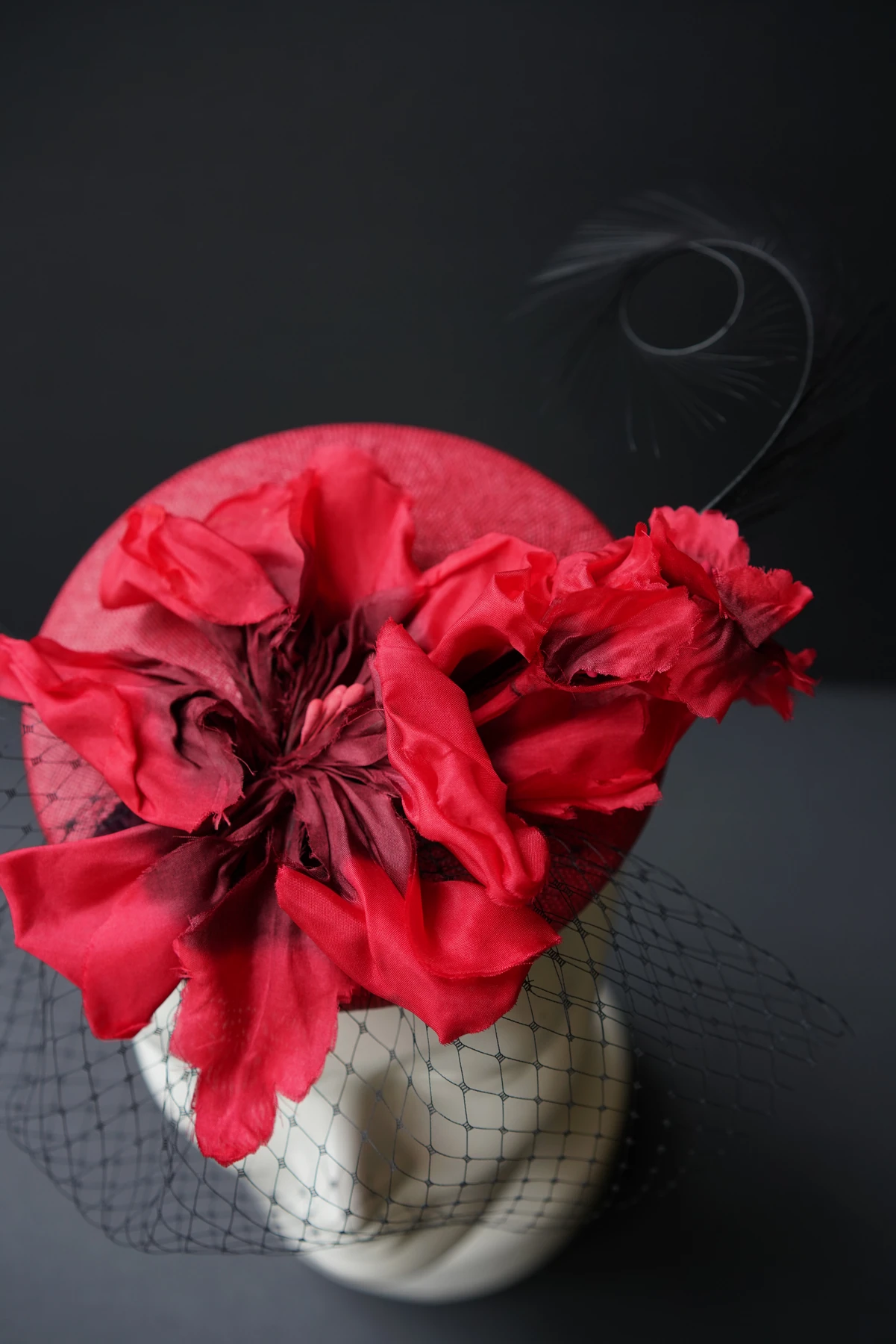 Crimson Floral Veil Headpiece — Front view