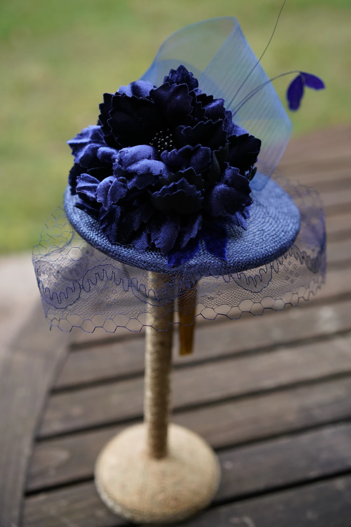Midnight Blue Floral Headpiece — Front view
