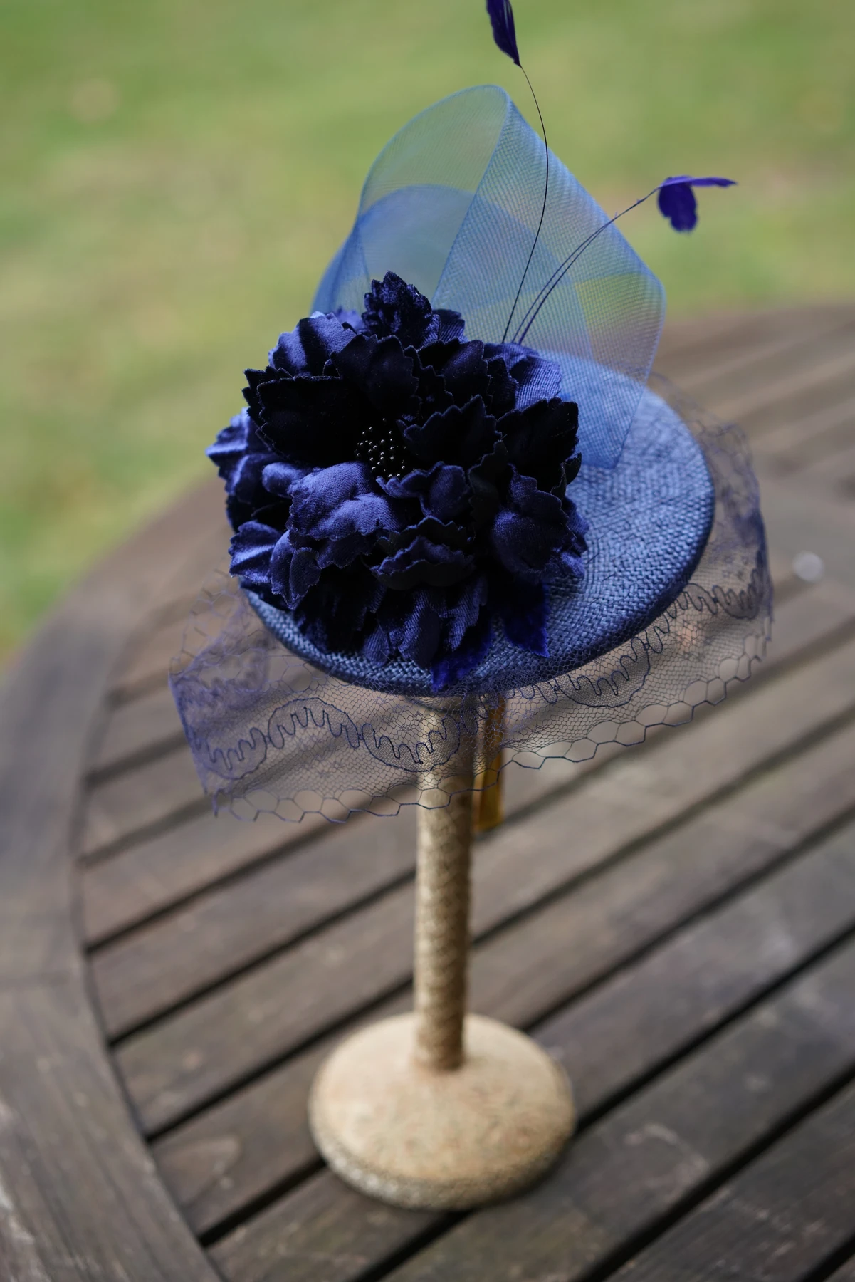 Midnight Blue Floral Headpiece — Side view