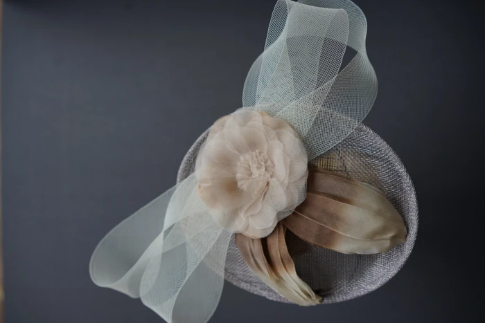 Champagne Floral Feather Headpiece — Front view