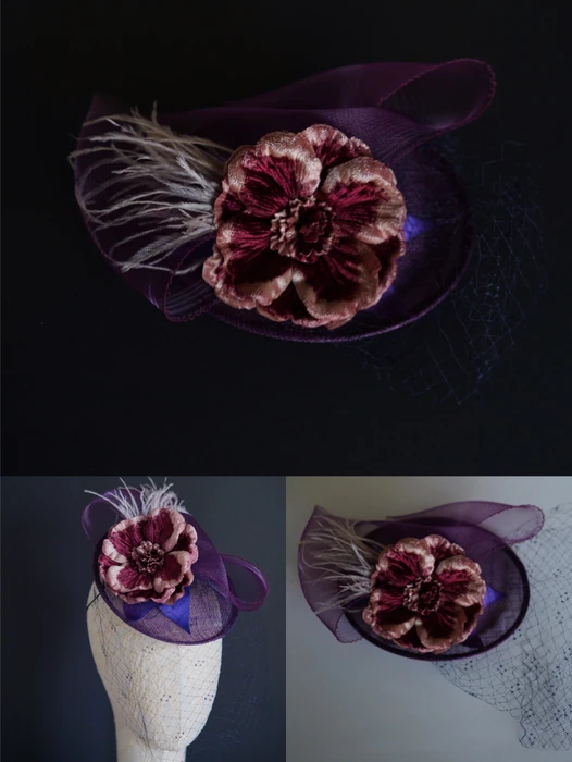 Plum Floral Veil Headpiece — Front view