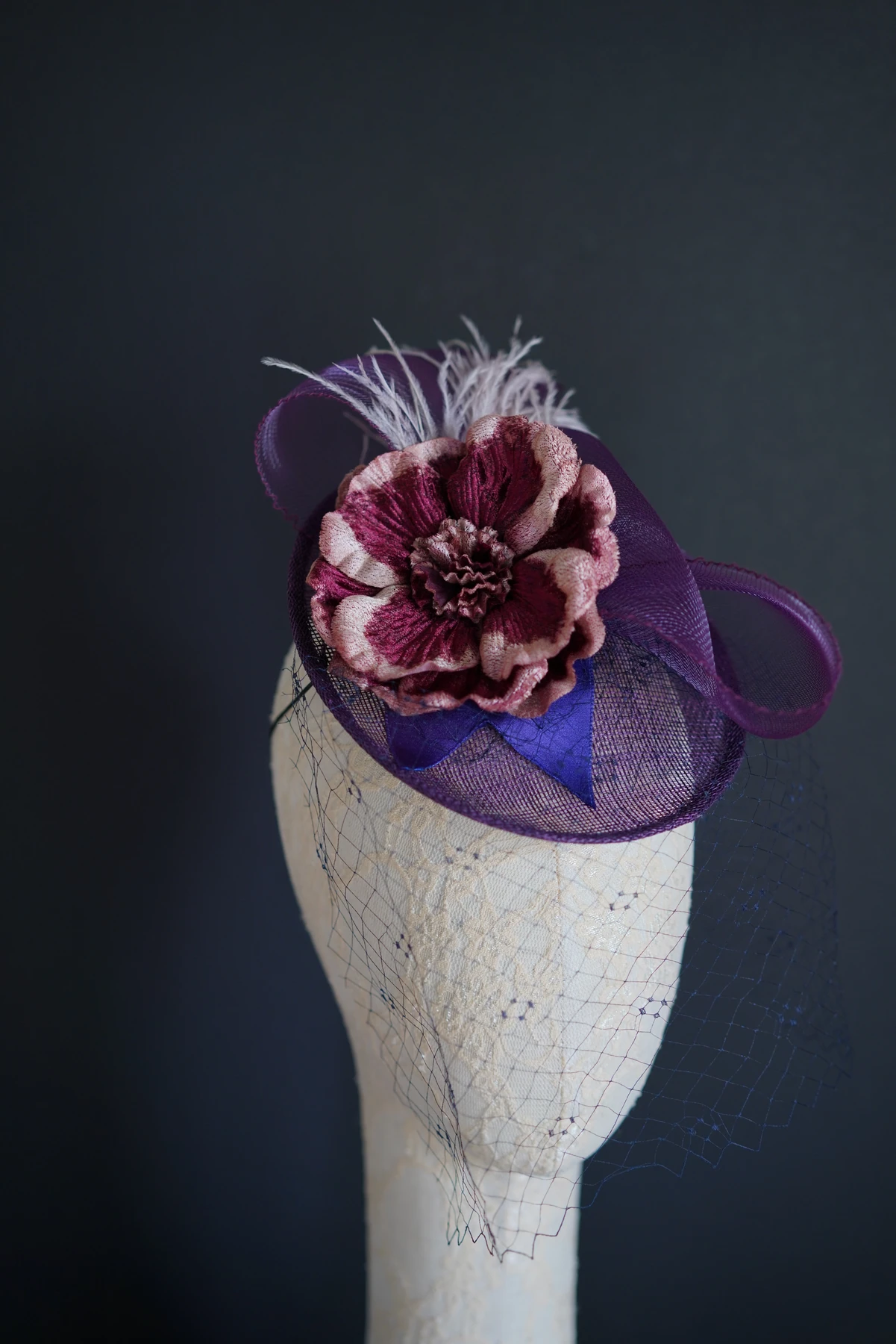 Plum Floral Veil Headpiece — Side view