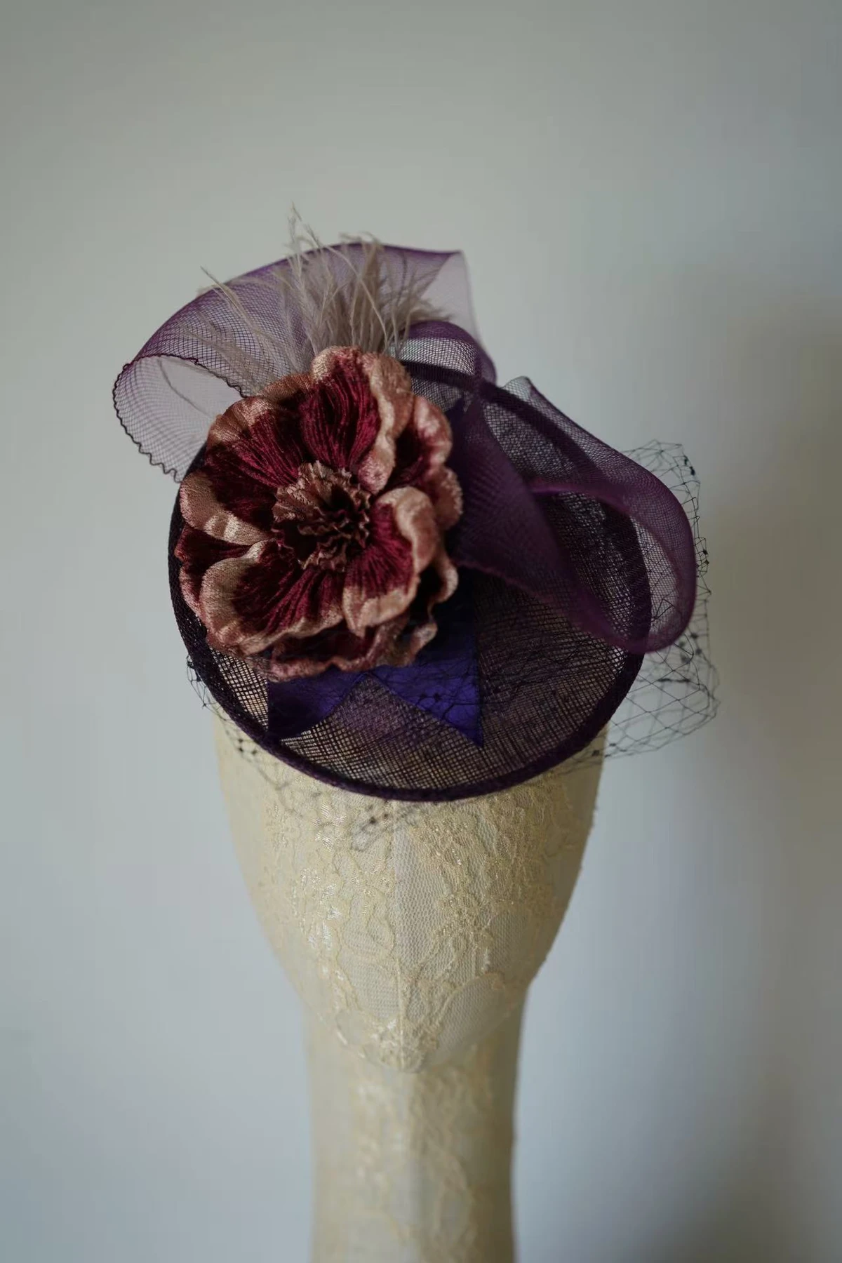 Plum Floral Veil Headpiece — Front view