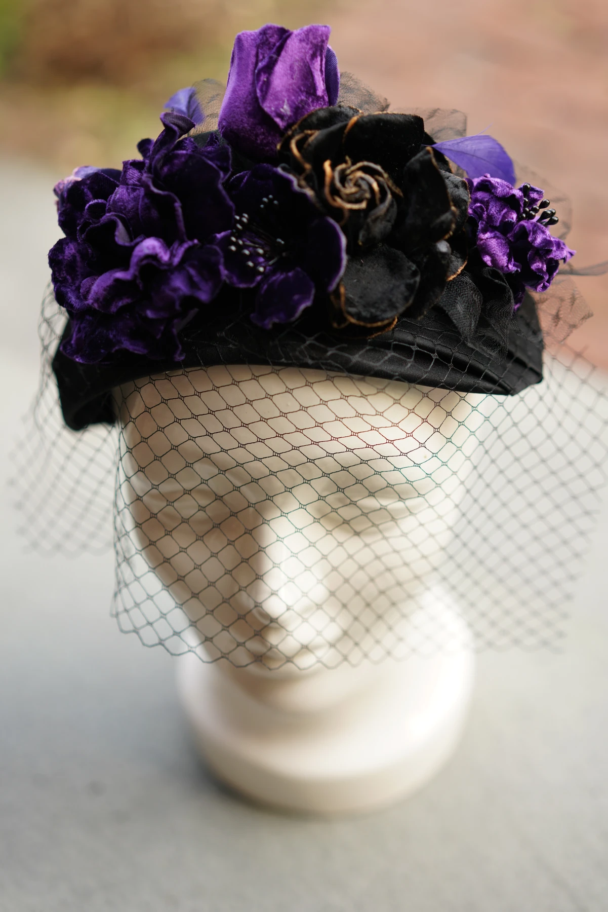 Violet & Black Floral Veil Headpiece — Front view