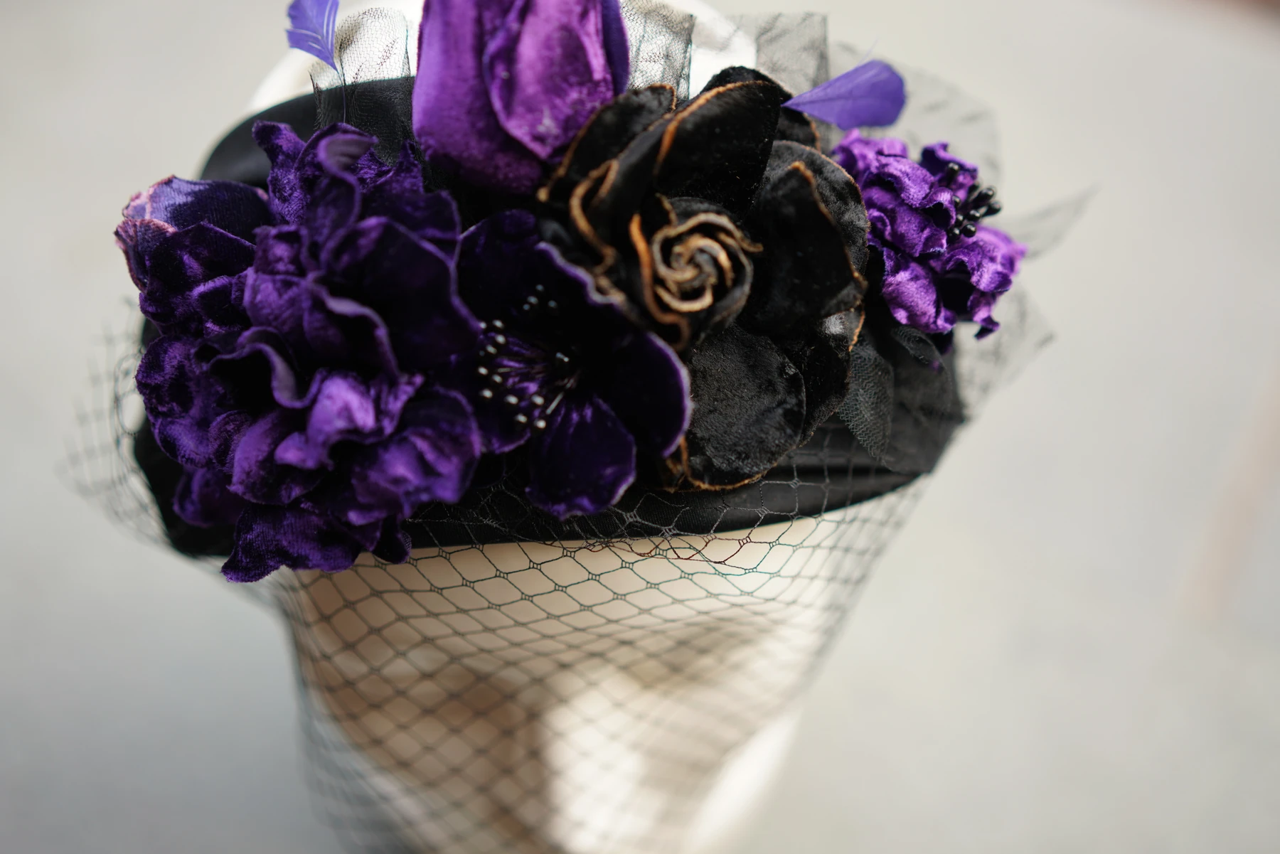 Violet & Black Floral Veil Headpiece — Detail