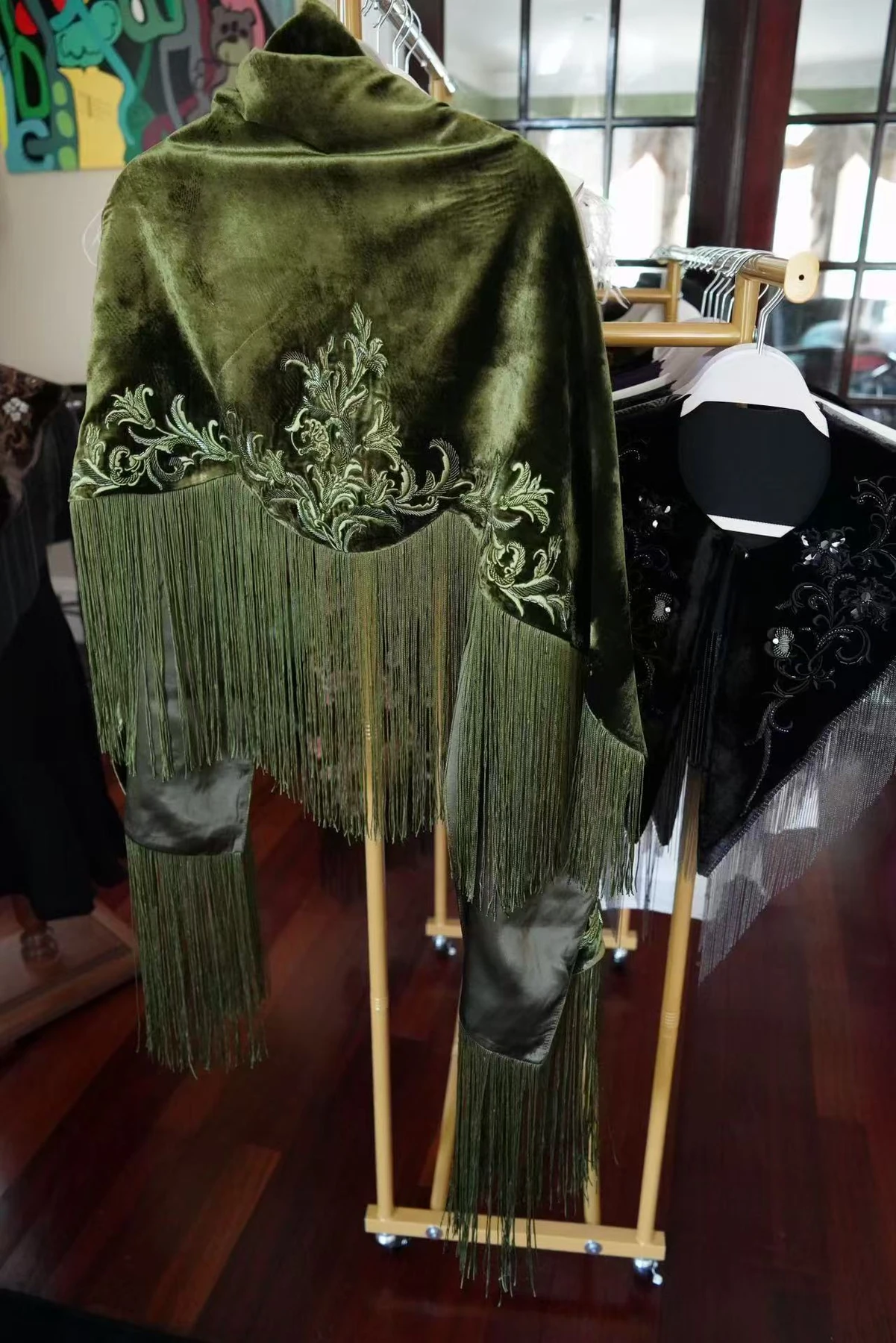 Olive Velvet Embroidered Fringe Shawl — Photographic view