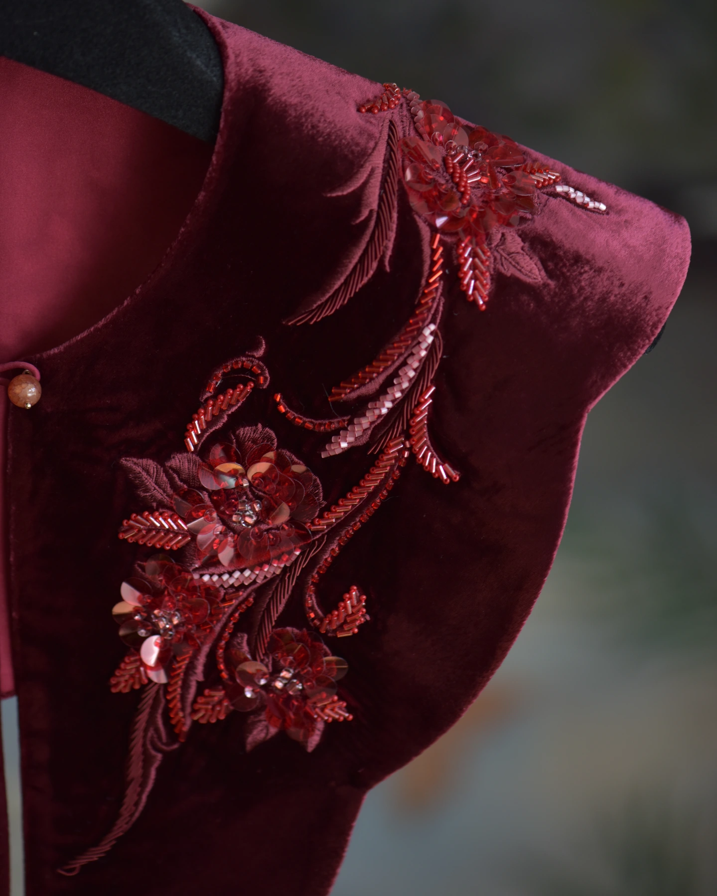 Burgundy Floral Yunjian — photographed detail
