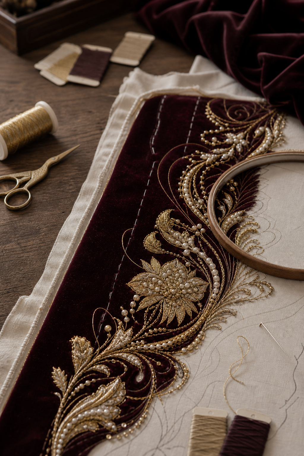 Editorial close view of velvet, beadwork, thread, scissors, and embroidery hoop on a work table