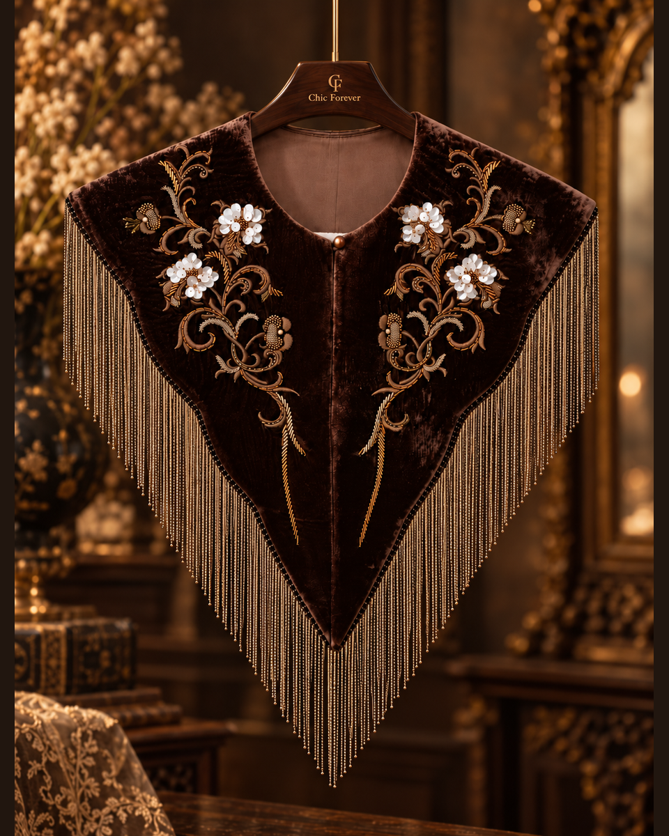 Espresso Velvet Beaded Fringe Collar