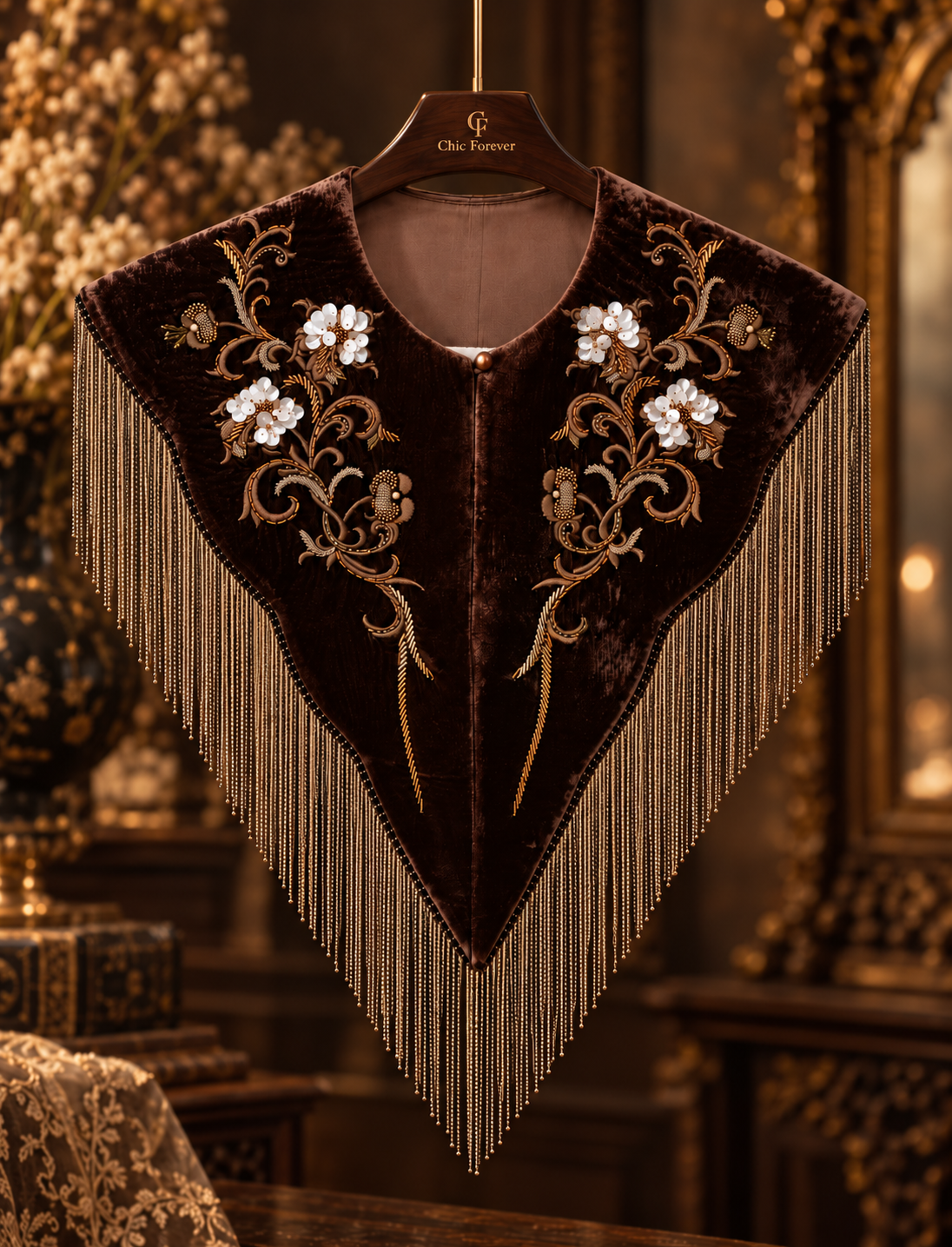 Espresso Velvet Beaded Fringe Collar
