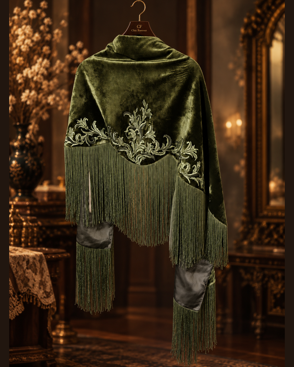 Olive Velvet Embroidered Fringe Shawl