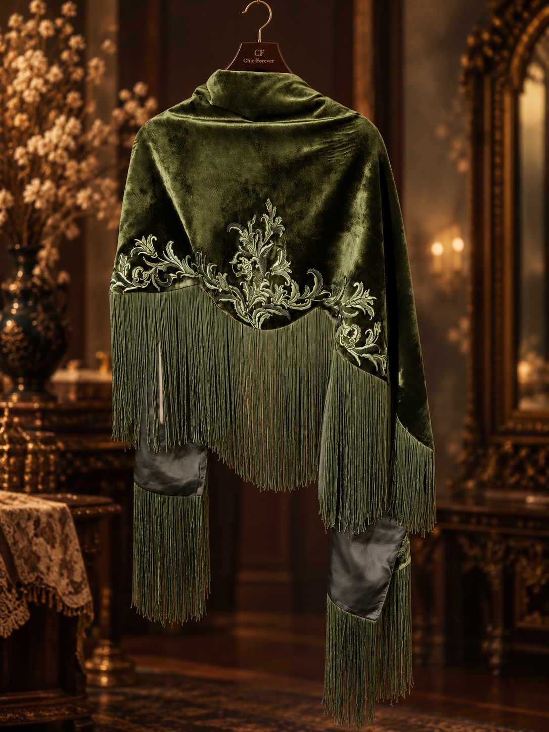 Olive Velvet Embroidered Fringe Shawl