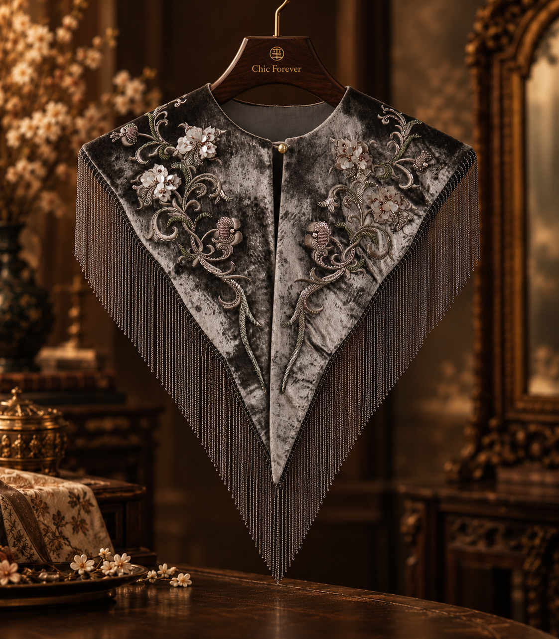 Silver-Grey Floral Fringe Yunjian — front display