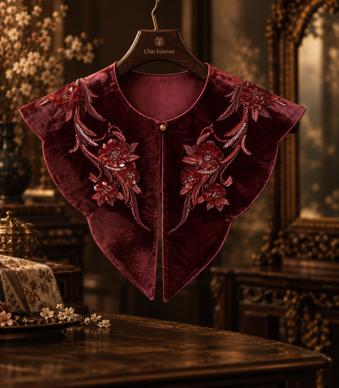 Burgundy Floral Yunjian — front display